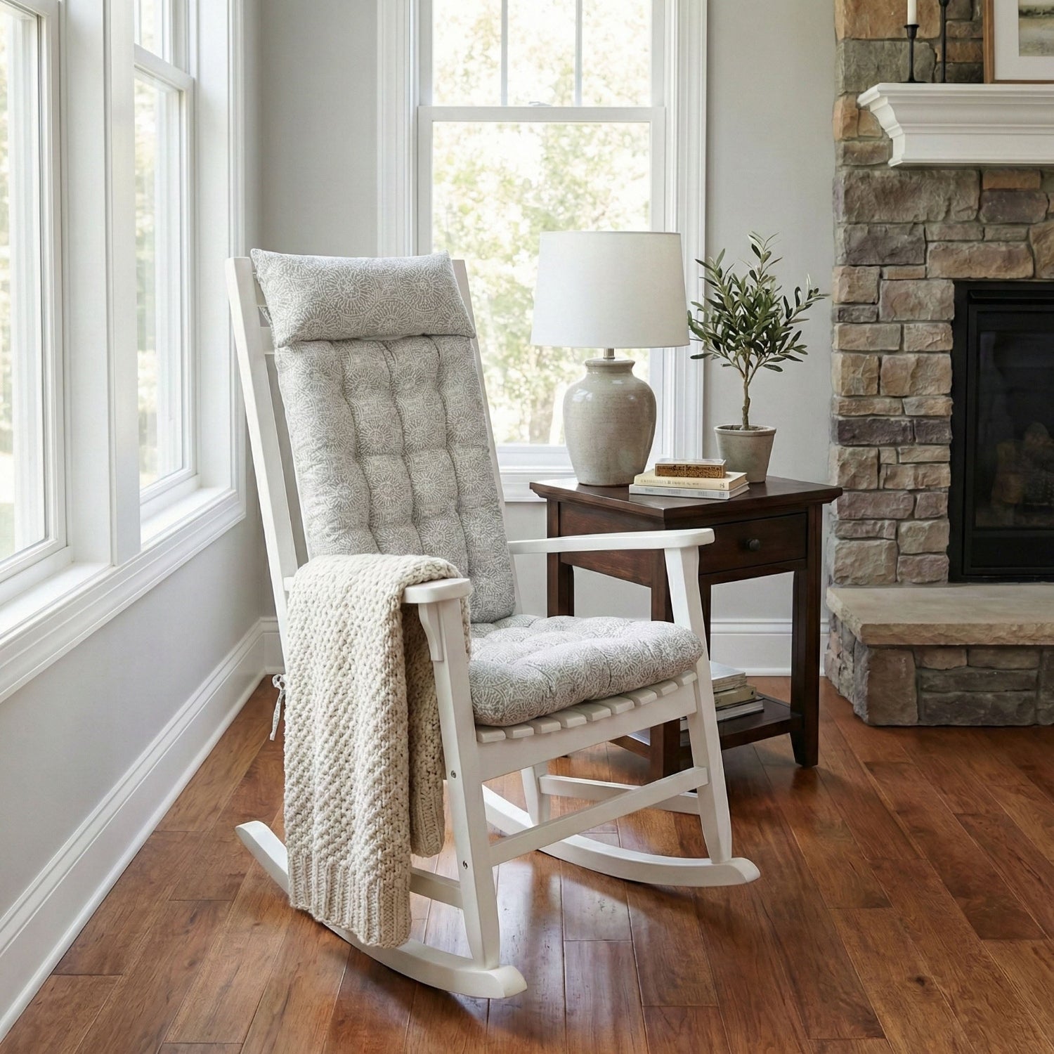 grey rocking chair cushions in a contemporary living room