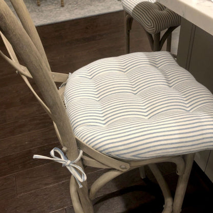 Ticking Stripe Berlin Blue Dining Chair Pad - Never Flatten Chair Cushion Light Blue Stripe