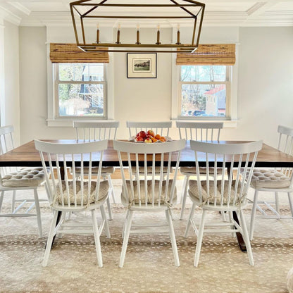 french mattress stripe dining chair cushions in a farmhouse kitchen with white windsor chairs