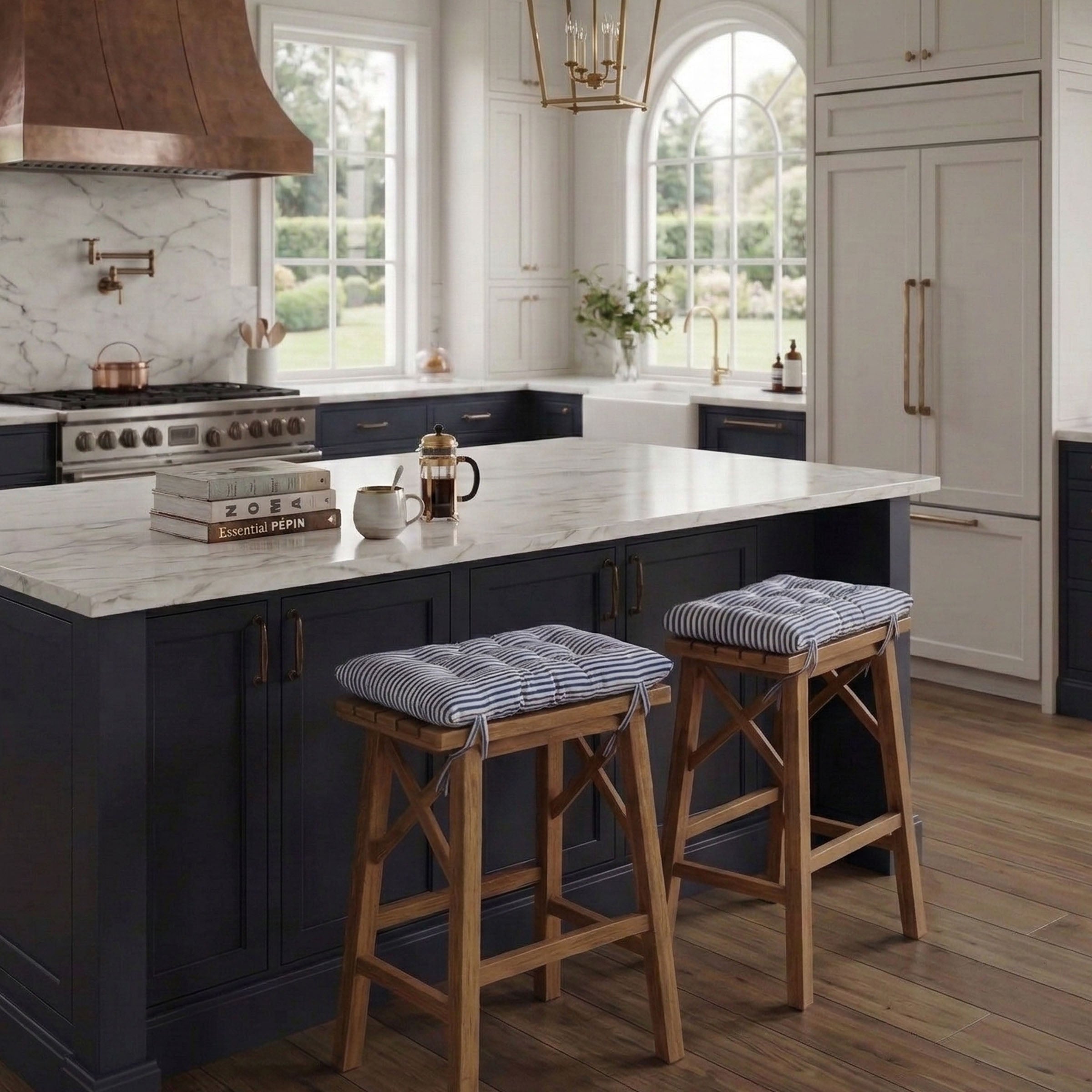 Ticking Stripe Navy Blue Saddle Stool Cushions - Gaucho Stool - Satori Seat Cushions