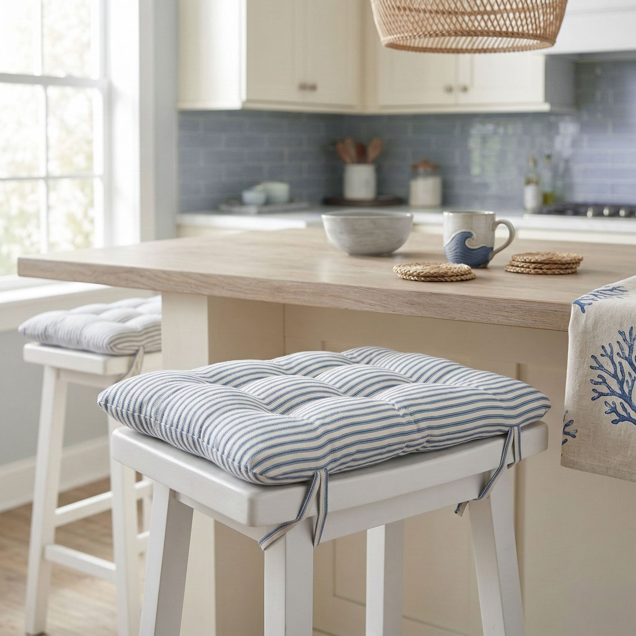 Ticking Stripe Navy Blue Saddle Stool Cushions - Gaucho Stool - Satori Seat Cushions