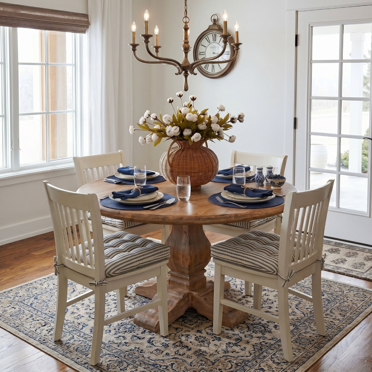 navy blue ticking stripe dining room chair cushions in transitional dining nook