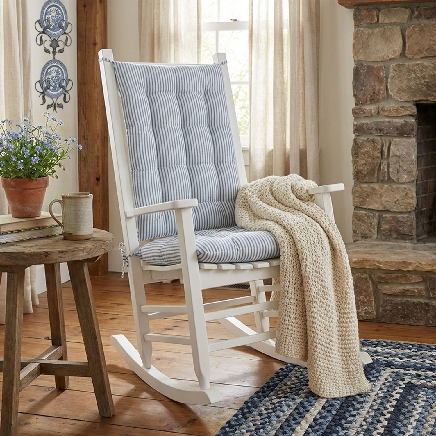 Ticking Stripe Navy Blue Rocking Chair Cushions - Made in USA - 100% C