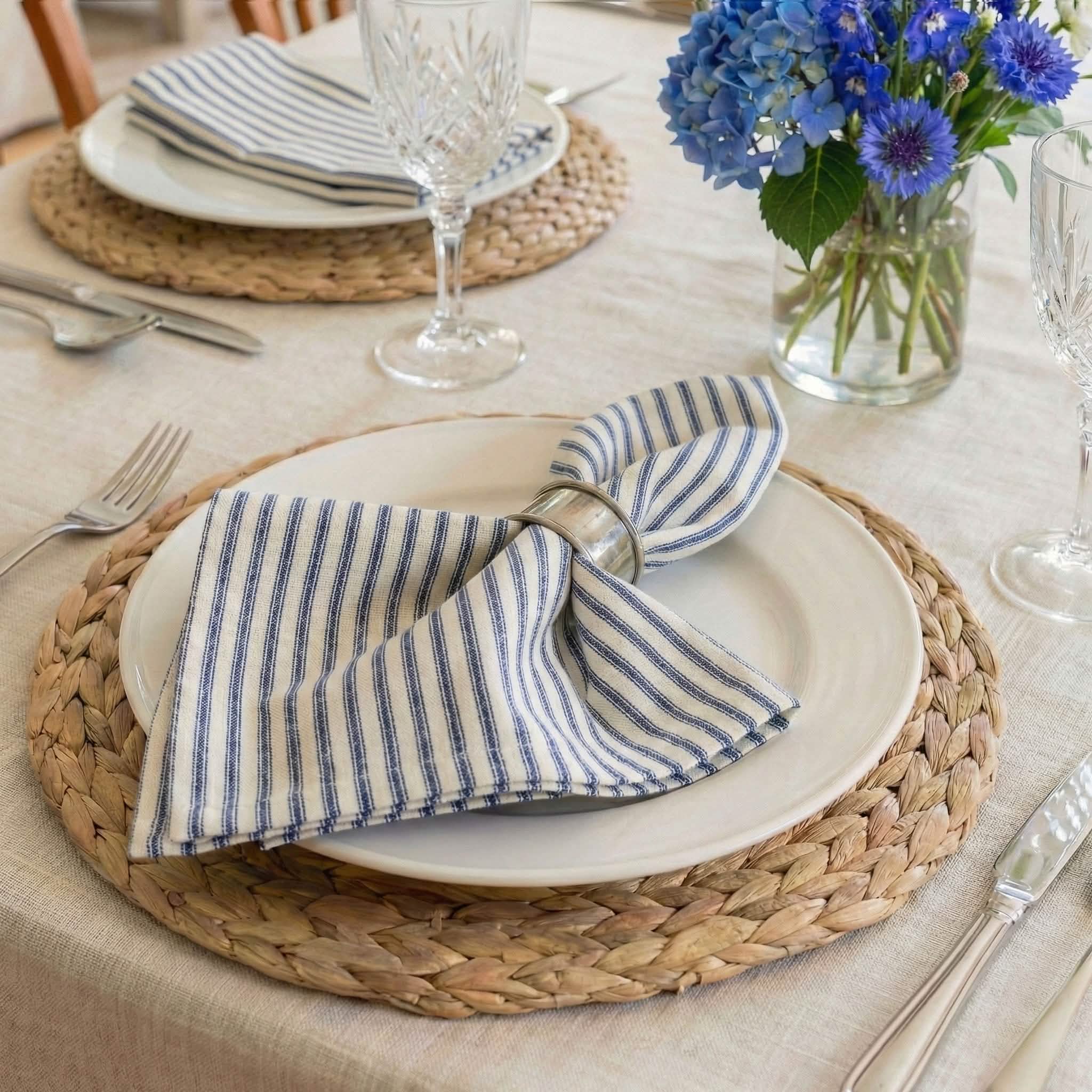 Ticking Stripe Navy Blue Cloth Napkins - Set of 8