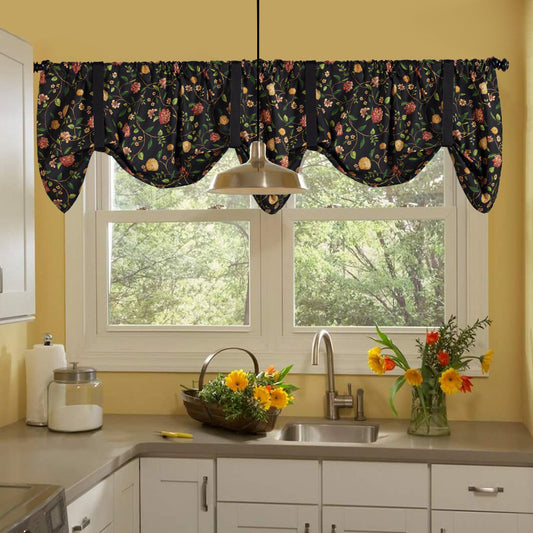 Nassau Black Floral Tie-Up Valance or Tier Curtain Window Treatments