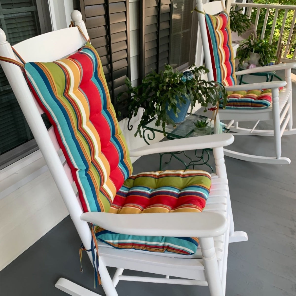 Westport Red Cabana Stripe Rocking Chair Cushions | Barnett Home Decor | Red, Gold, Green, & Aqua