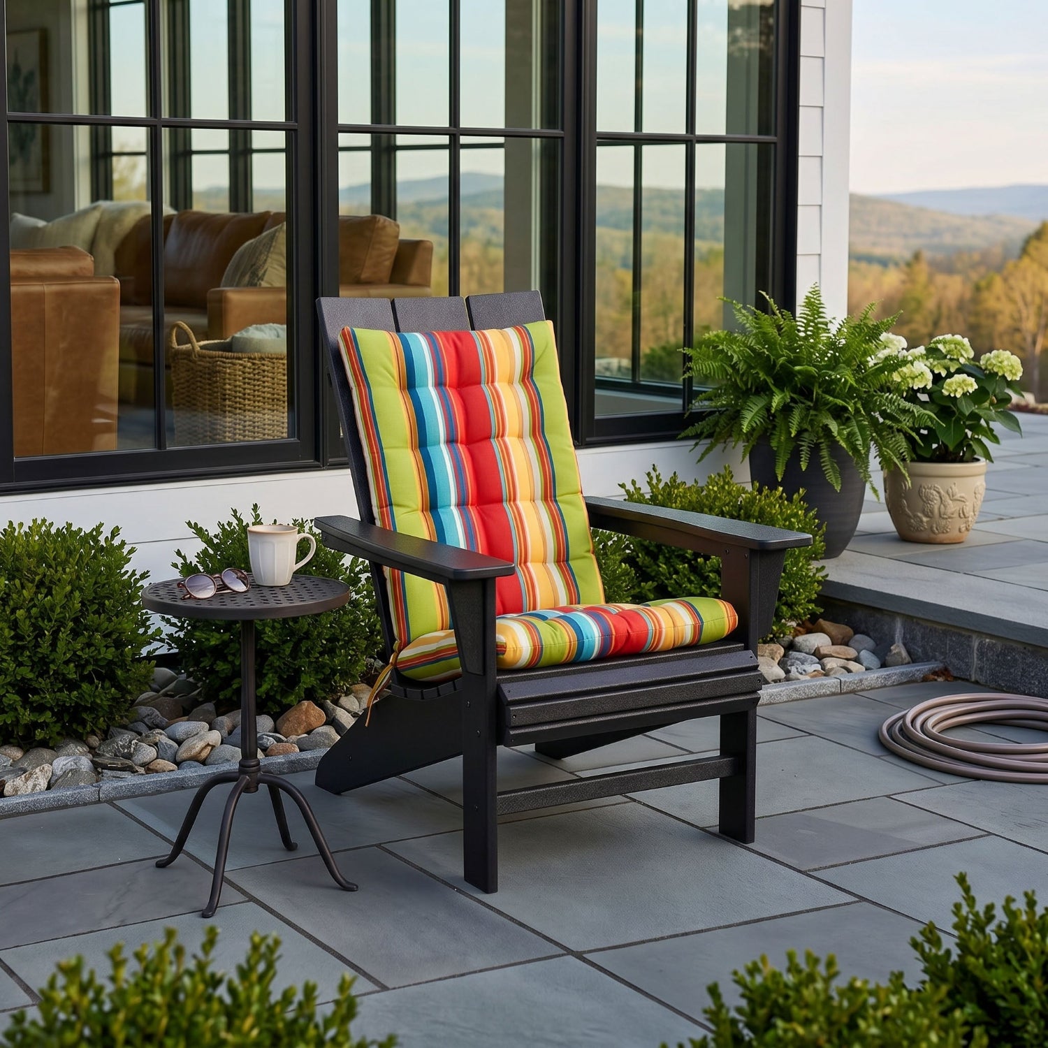 rainbow stripe adirondack chair cushions on a patio outdoors