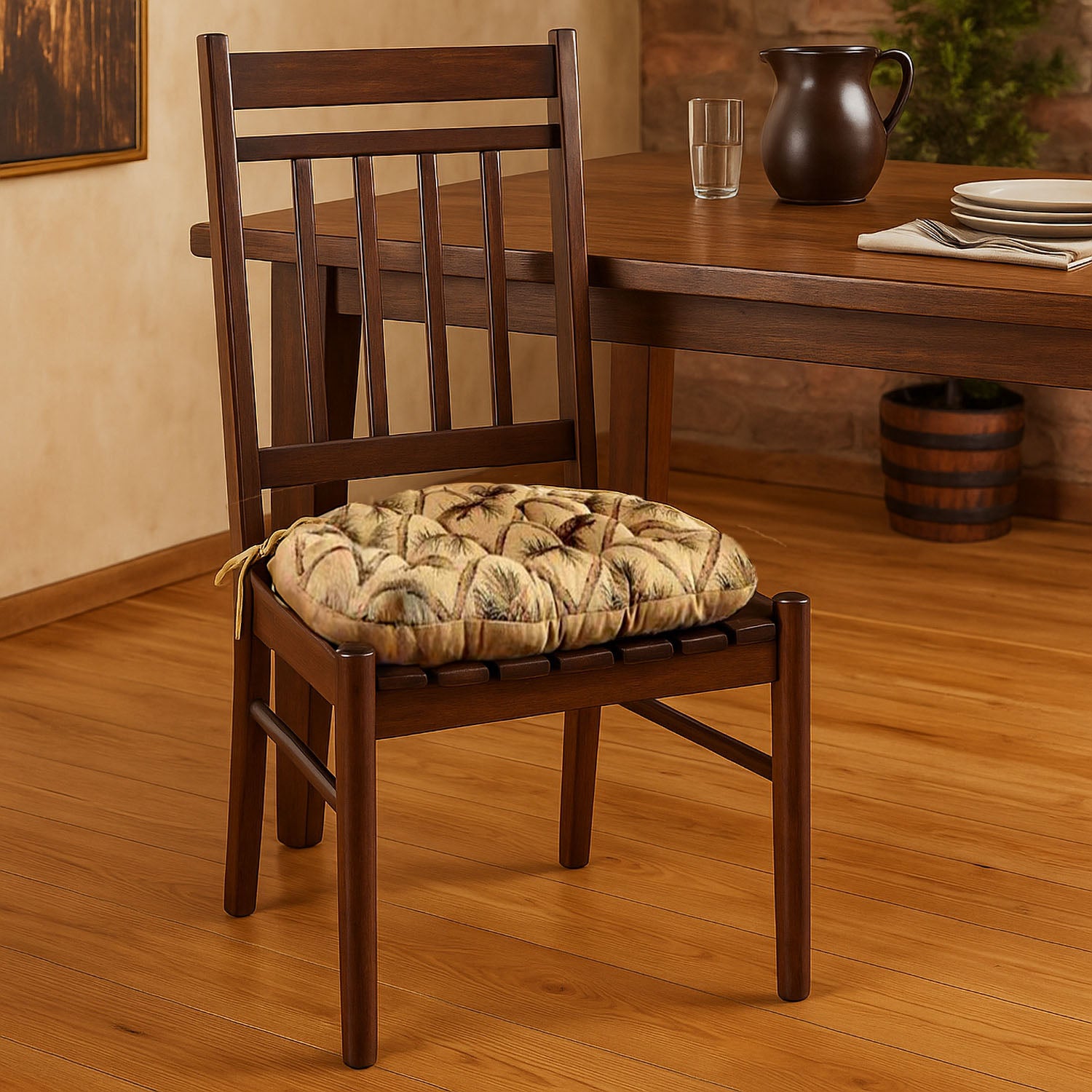 Wilderness Pinecones Beige Dining Chair Pads with Ties - Latex Foam Fill - Rustic Lodge