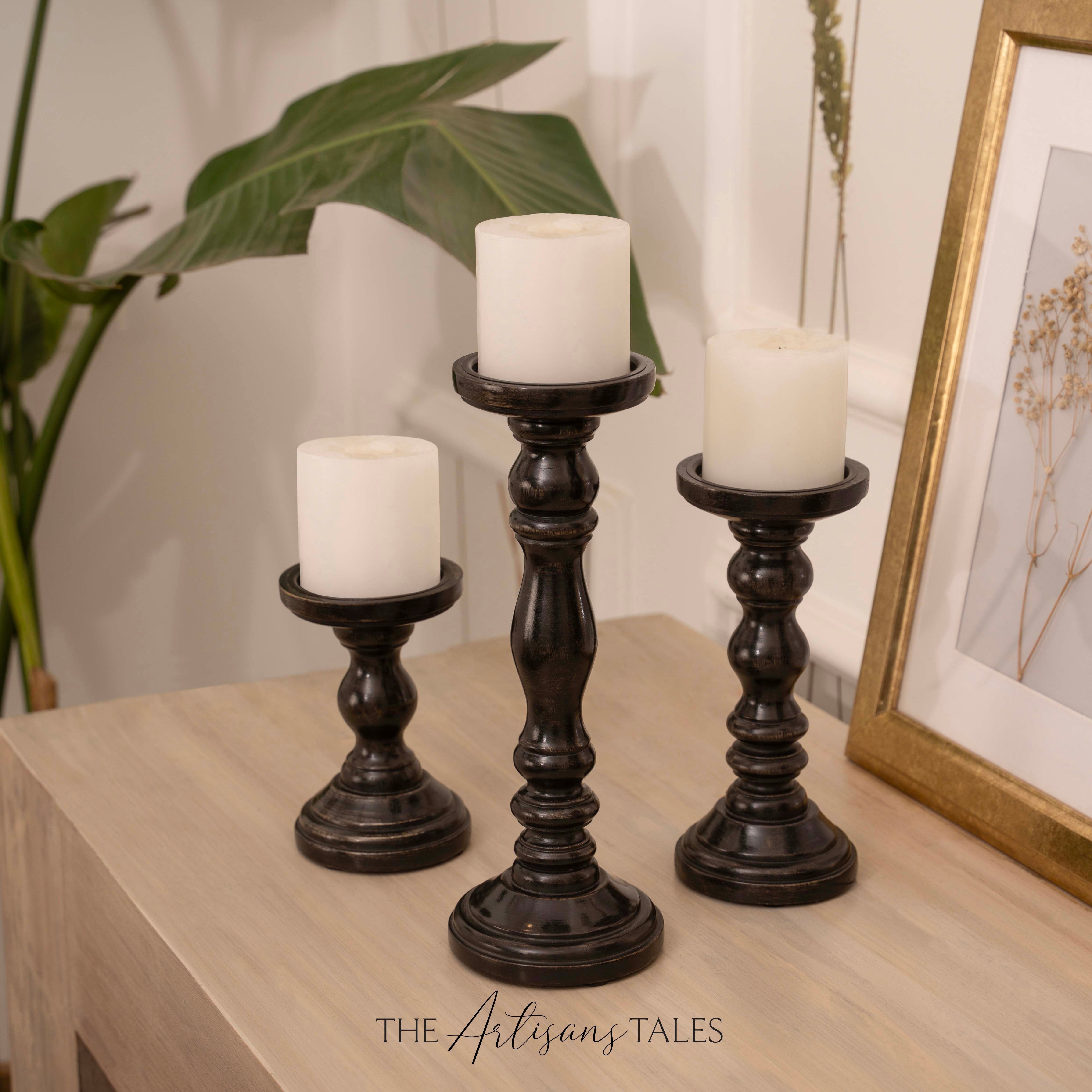 Black Rustic Wooden Candle Holders - Set of 3 - 6", 9", 12"