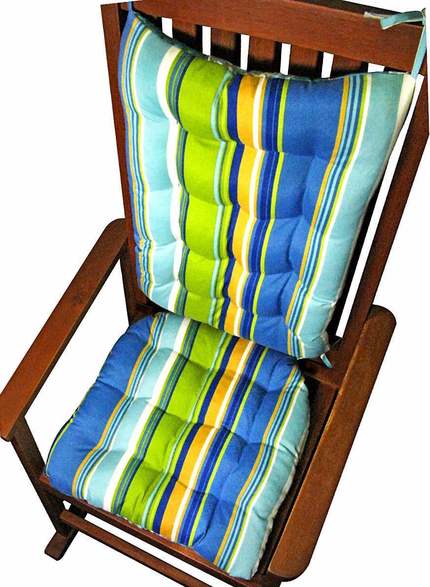 Westport Cabana Stripe Blue Porch Rocker Cushions - Latex Foam Fill, Reversible