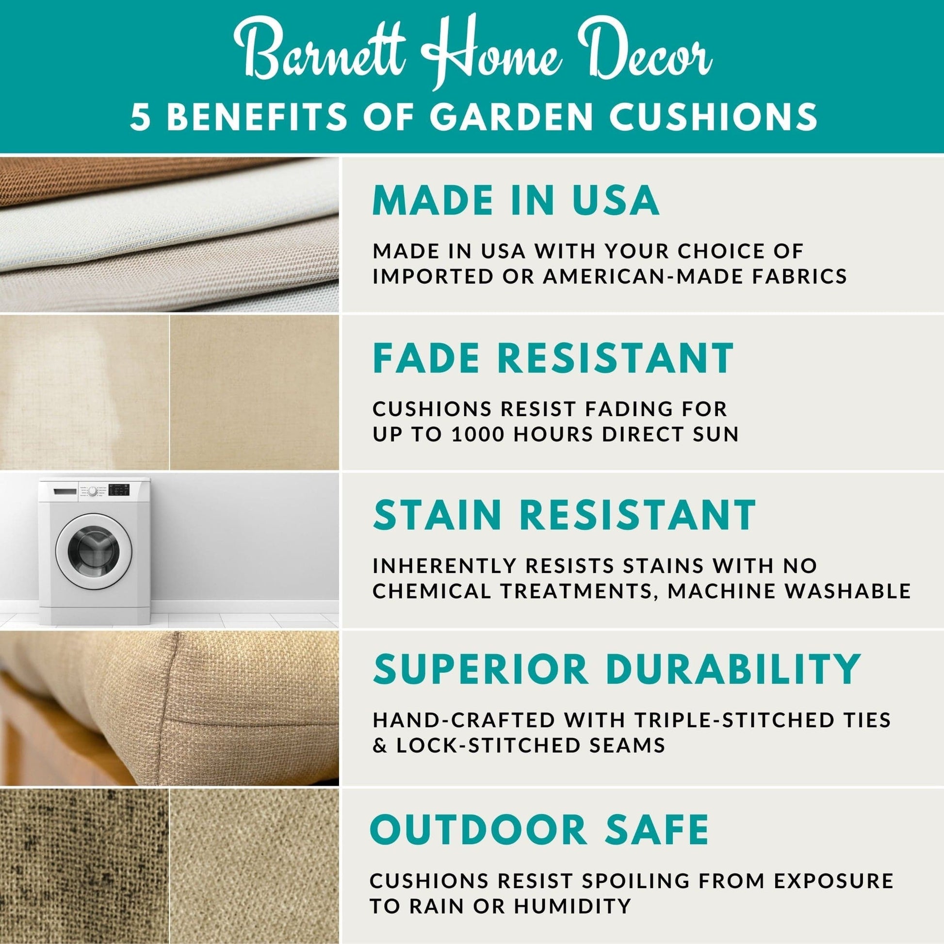 Barnett Home Decor - Benefits of Garden Cushions - Made in USA - Fade Resistant - Stain Resistant - Superior Durability - Outdoor Safe