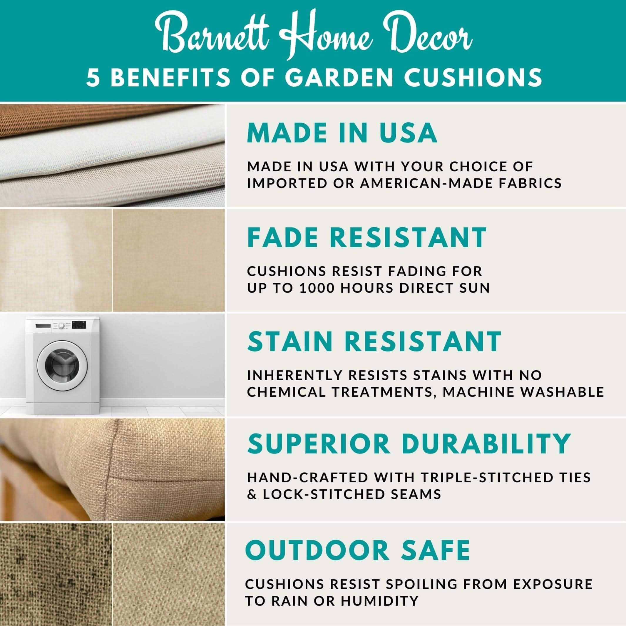 Barnett Home Decor - Benefits of Garden Cushions - Made in USA - Fade Resistant - Stain Resistant - Superior Durability - Outdoor Safe