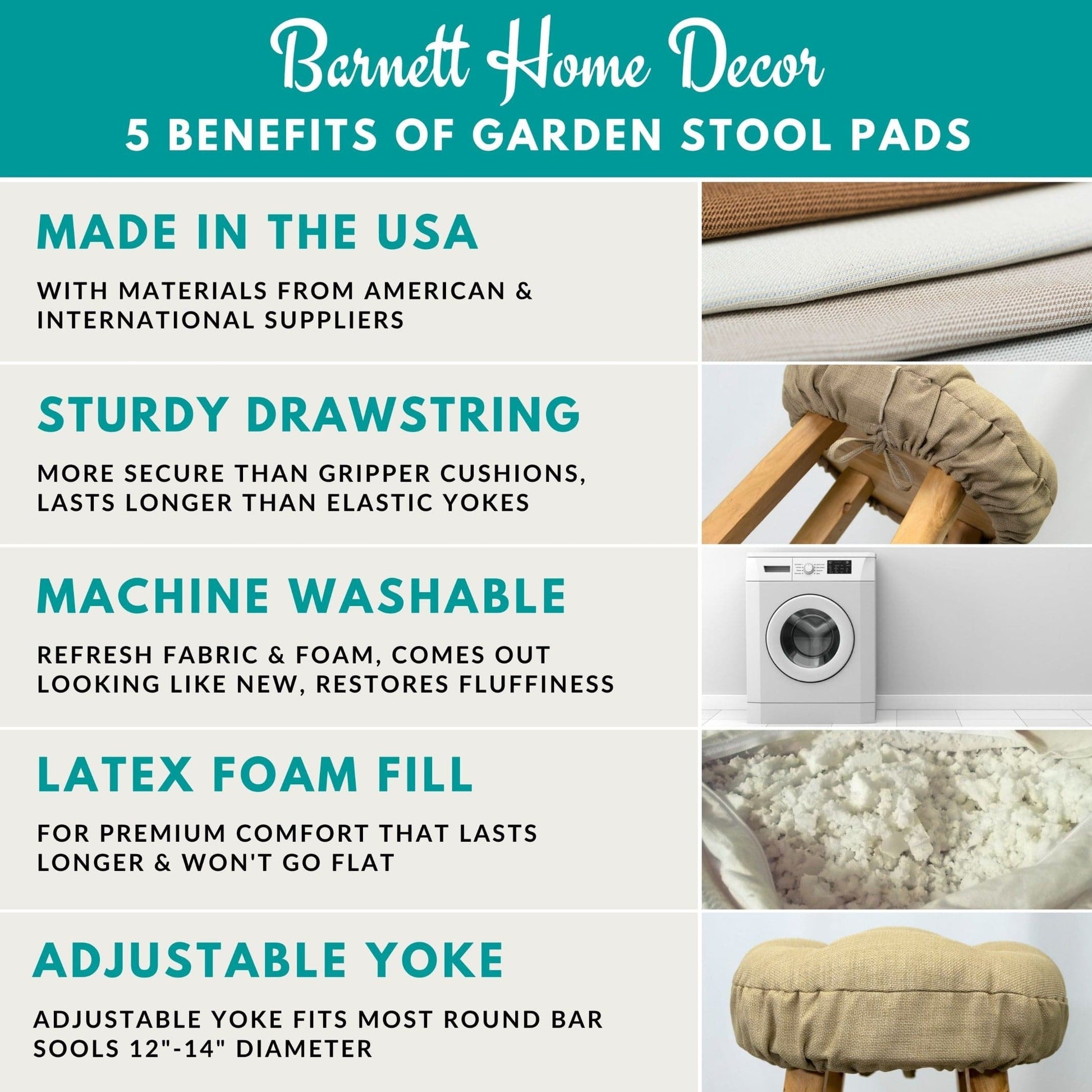 Barnett Home Decor - Benefits of Garden Stool Pads - Made in USA - Sturdy Drawstring - Machine Washable - Latex Foam Fill - Adjustable Yoke
