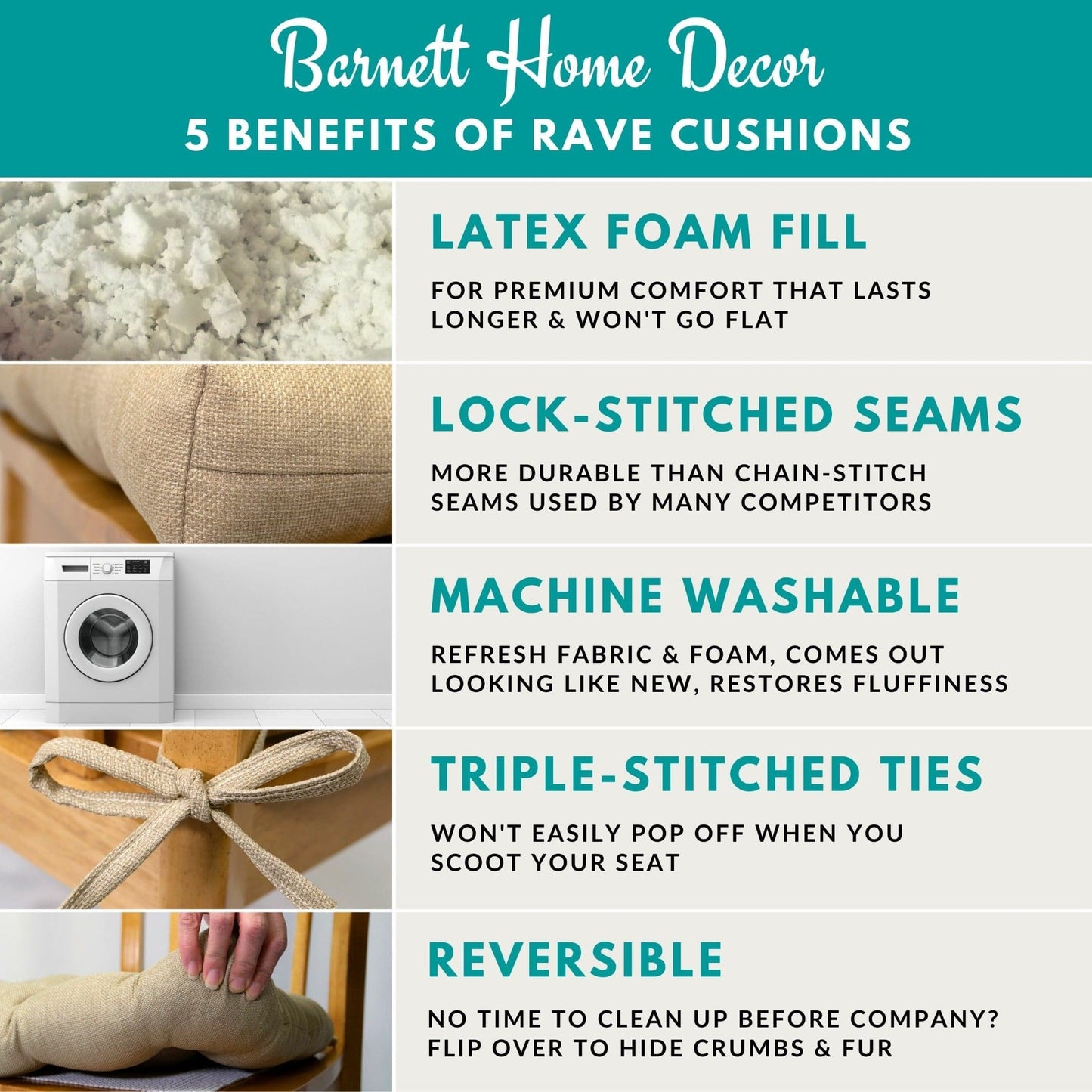 Barnett Home Decor Benefits of Rave Cushions: Machine Washable, Reversible, Latex Foam Fill