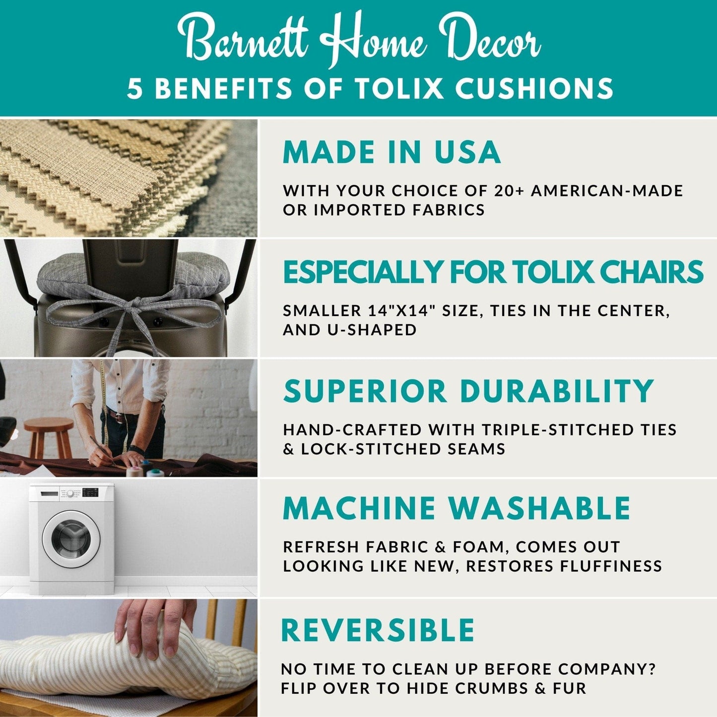 Barnett Home Decor 5 Benefits of Tolix Cushions, Made in USA, Made for Tolix Chairs, Superior Durability, Machine Washable, Reversible 