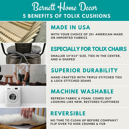 Barnett Home Decor 5 Benefits of Tolix Cushions, Made in USA, Made for Tolix Chairs, Superior Durability, Machine Washable, Reversible 