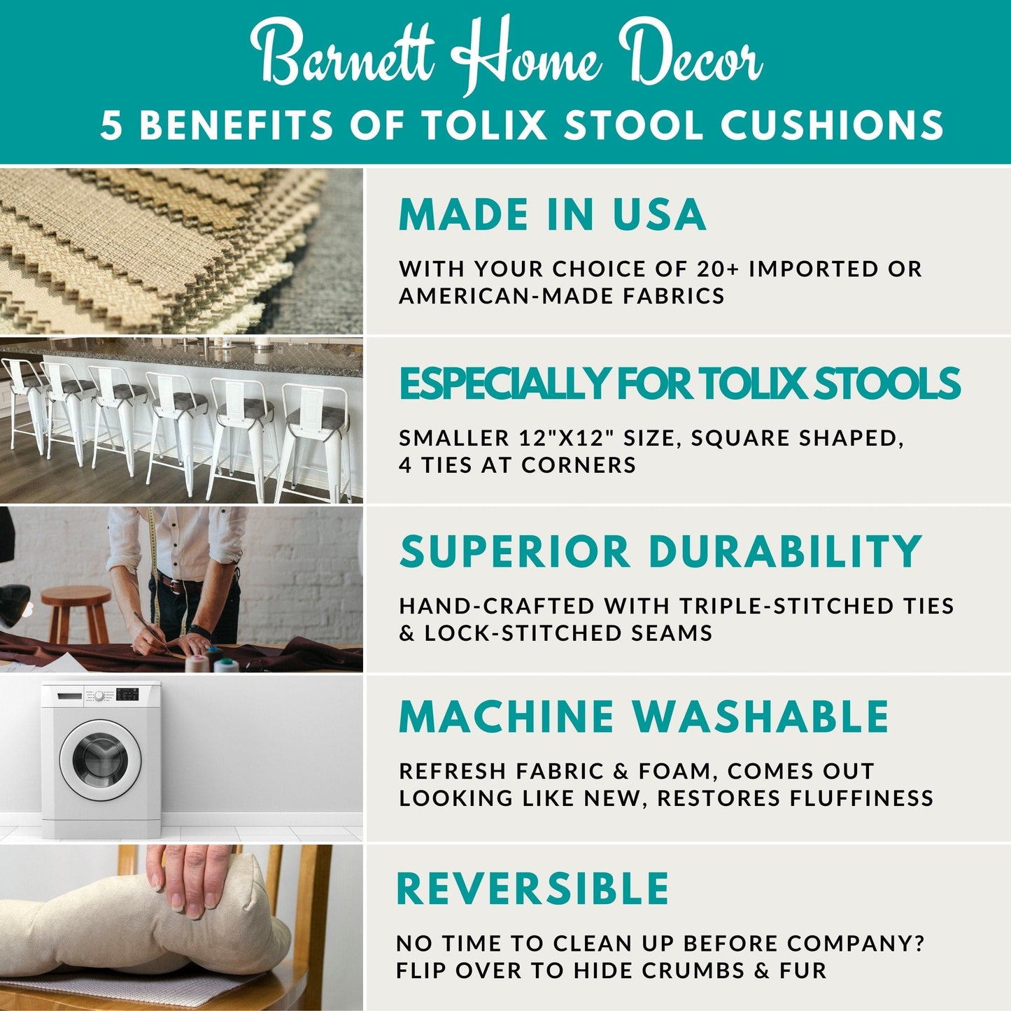 Barnett Home Decor Benefits of Tolix Cushions, Made in USA, Made for Tolix Chairs, Superior Durability, Machine Washable, Reversible 