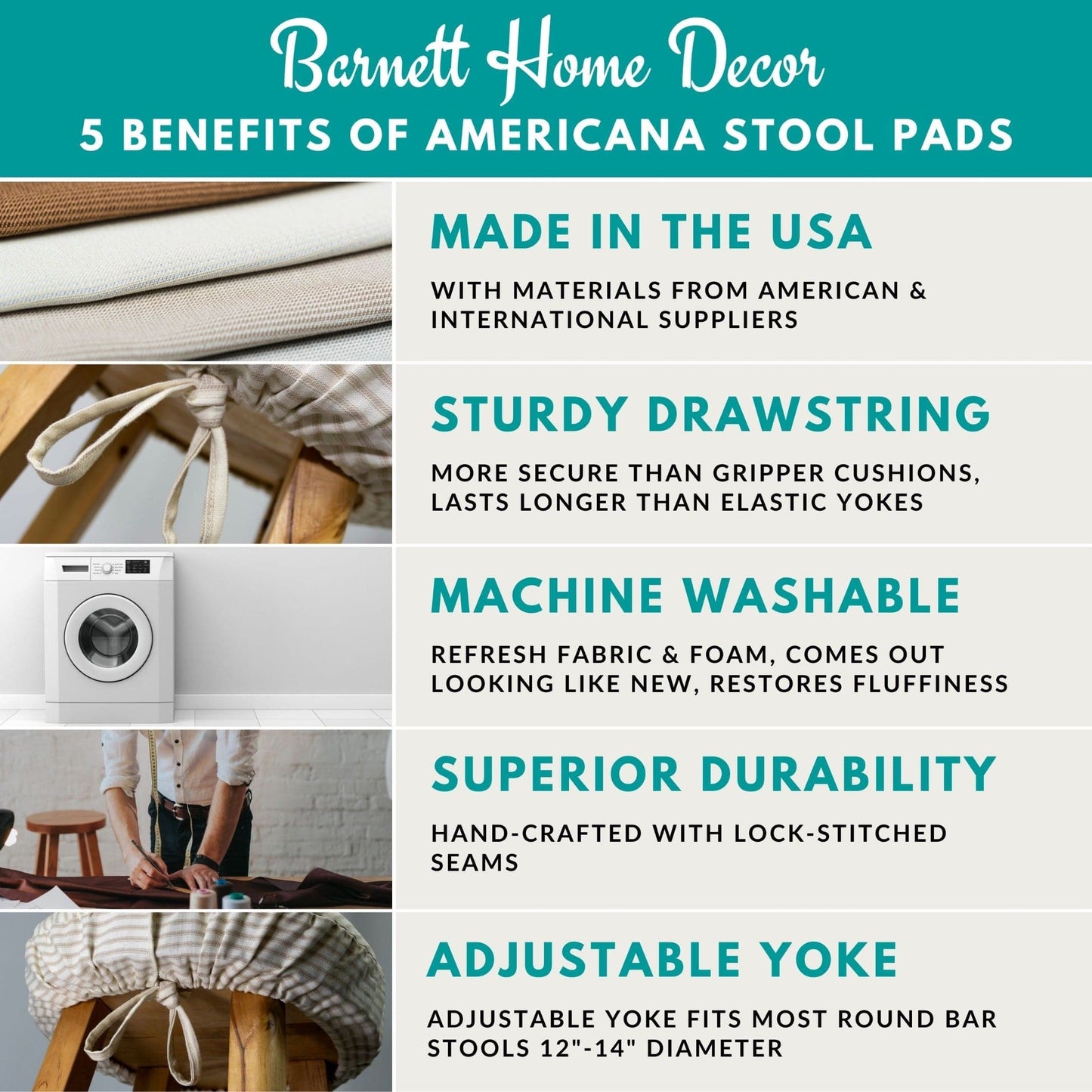 Barnett Home Decor Benefits of Americana Stool Pads: Made in the USA, Machine Washable, Superior Durability, Adjustable Yoke