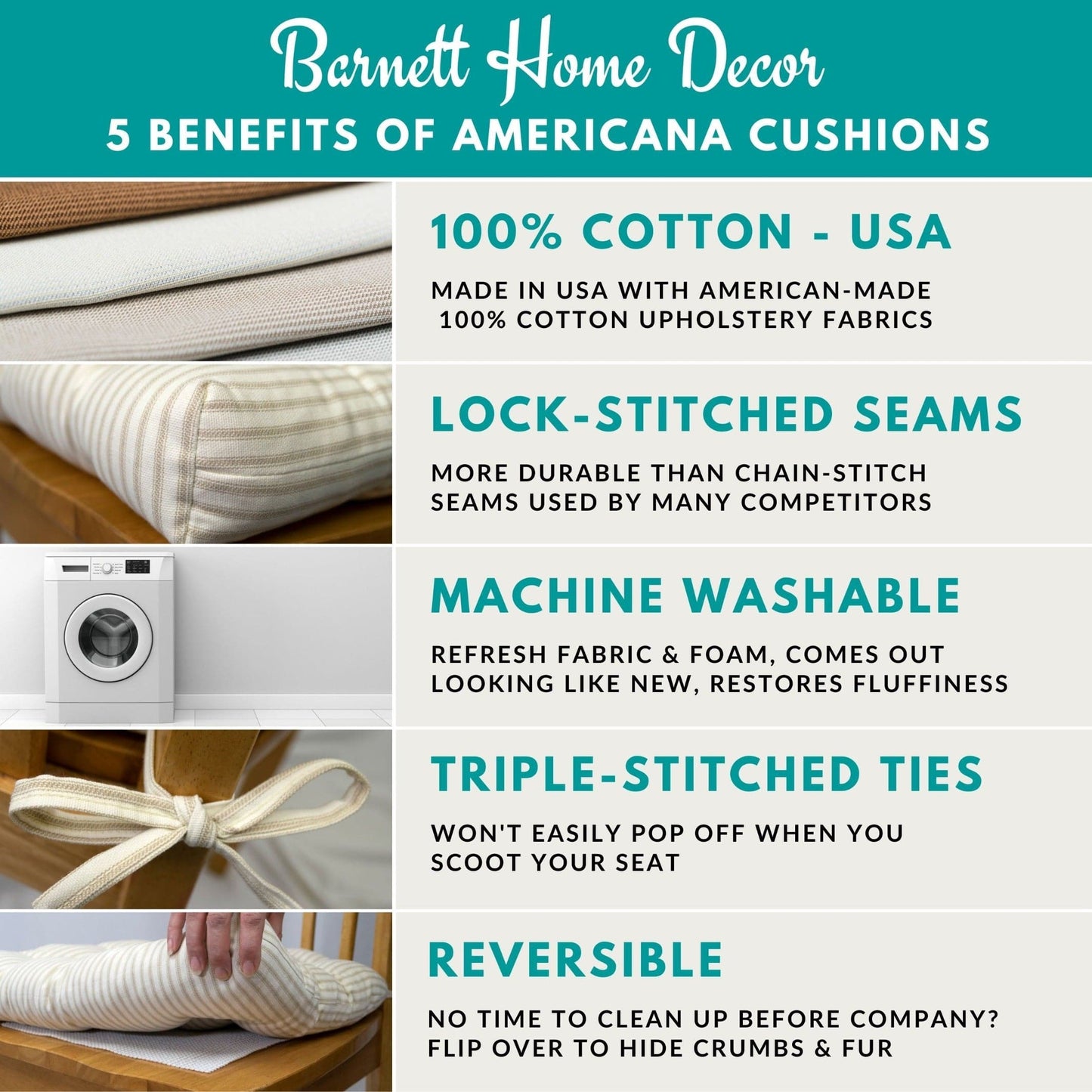 Barnett Home Decor 5 Benefits of Americana Cushions 100% Cotton, Made in USA, Lock-sewn Seams, Machine Washable, Triple Sewn Ties Reversible