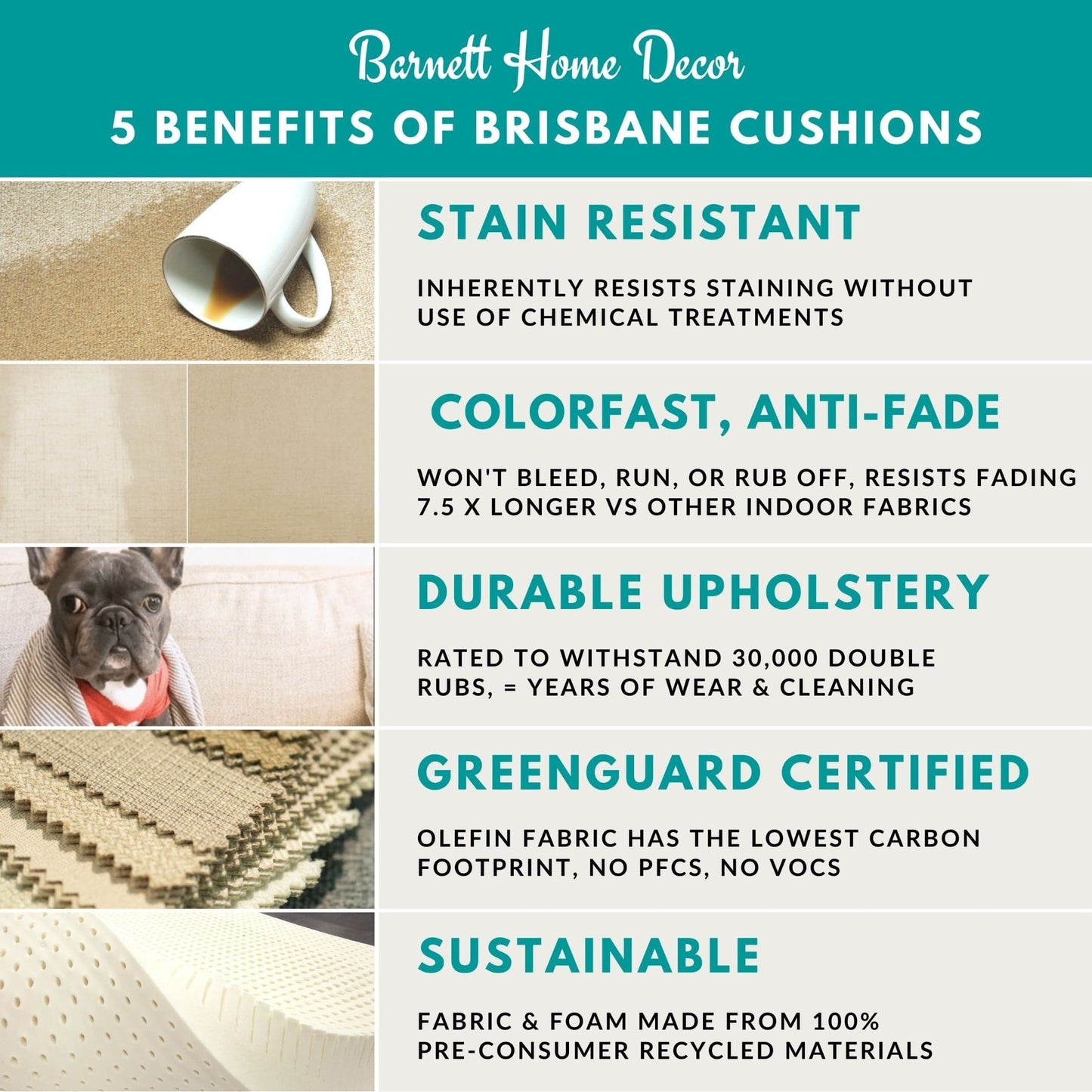 Barnett Home Decor Benefits of Brisbane Cushions Stain Resistant, Anti-Fade,  Durable Upholstery, Greenguard Certified, Sustainable