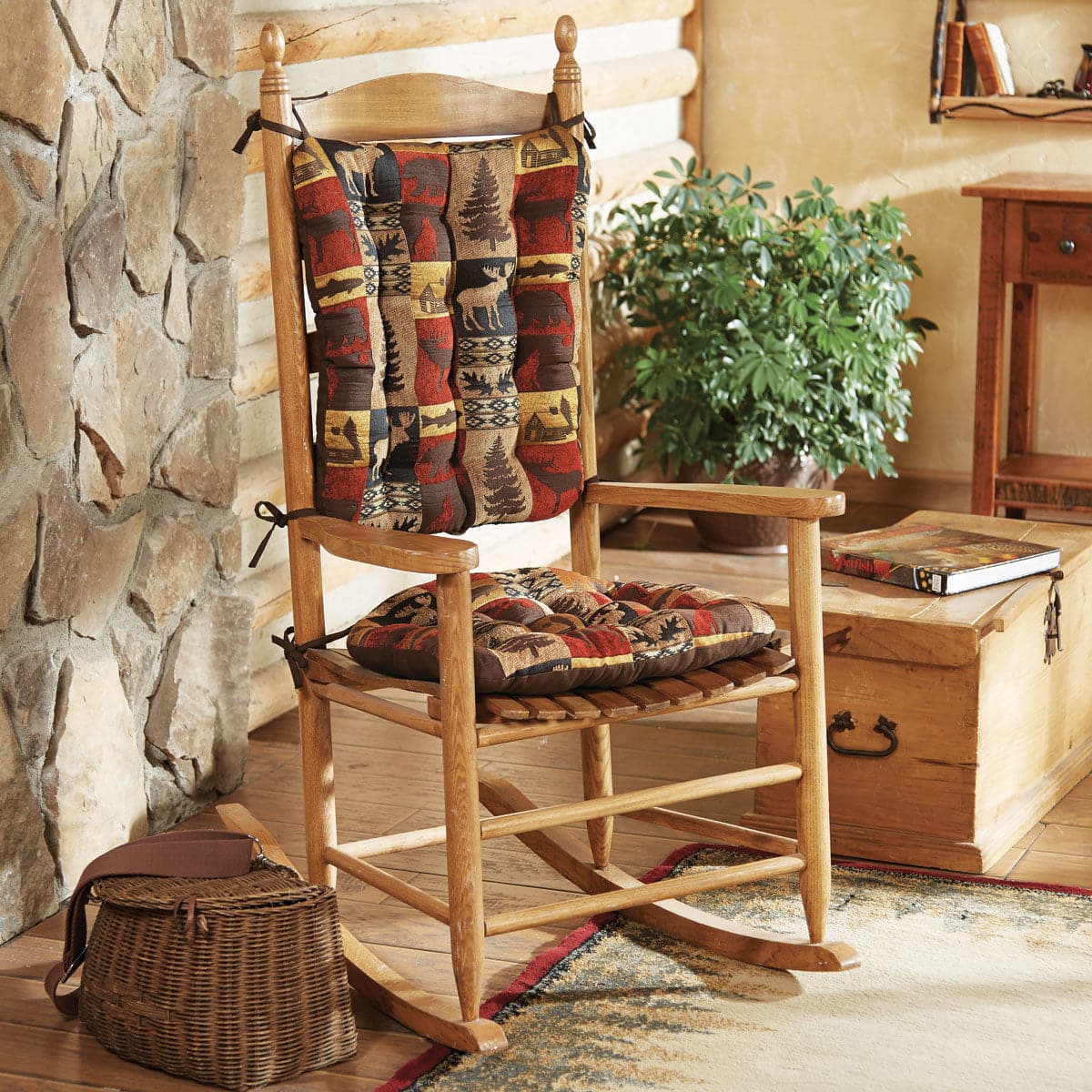 Woodlands Fairbanks Rocking Chair Cushions | Barnett Home Decor | Red, Brown, Yellow, & Beige - Animals - Nature - Wildlife - Bears - Moose - Deer - Rustic - Hunting - Fishing - Cabin