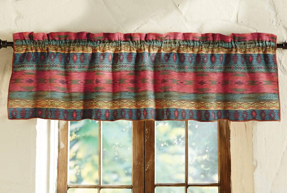 Southwest Phoenix Sunset cafe valance with rustic southwestern pattern in Arizona desert colors hanging on window