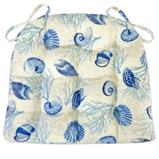 Shell Dance Blue & Ivory Dining Chair Pad - Seashells