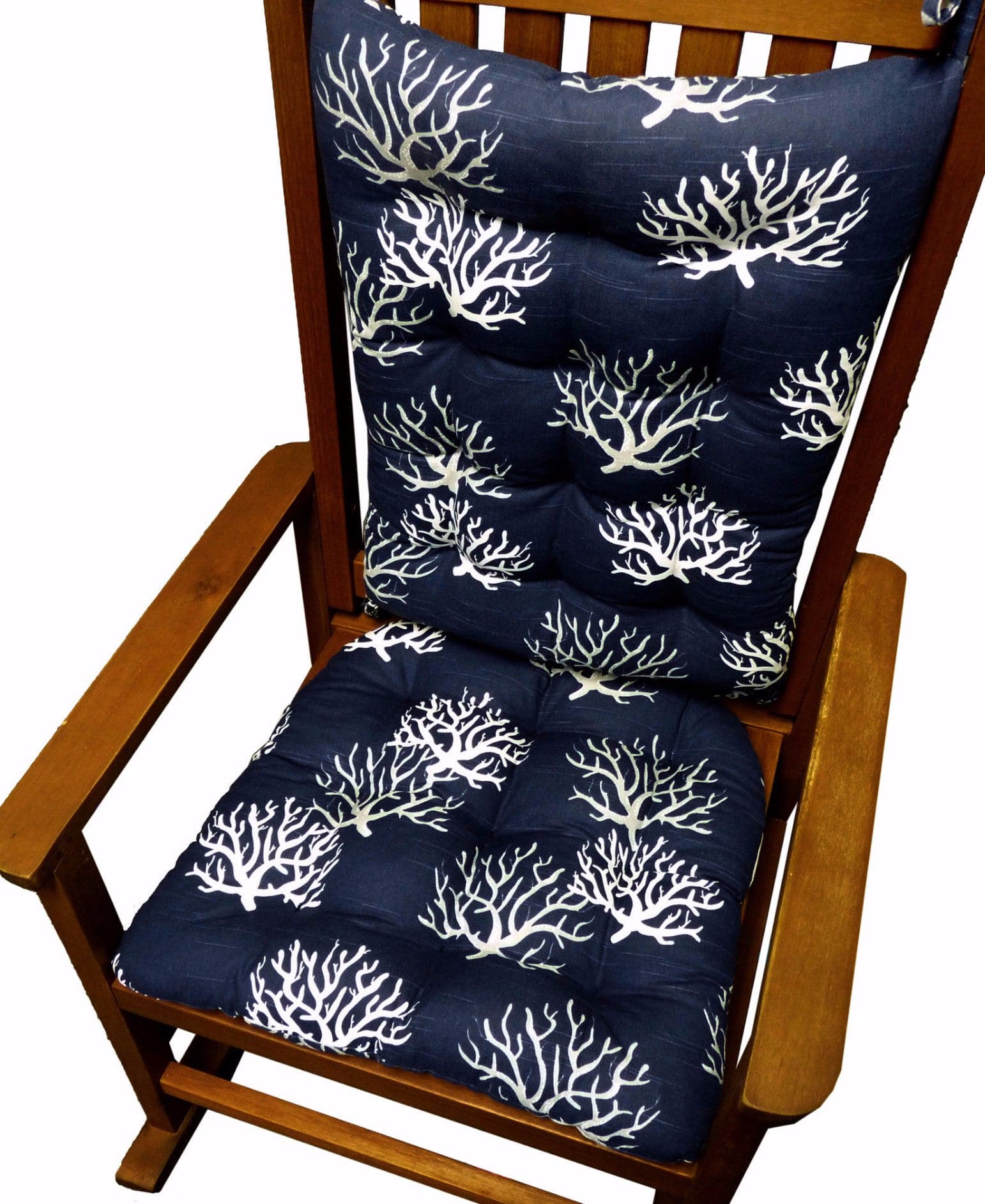 Coastal Coral Navy Blue Rocking Chair Cushions - Latex Foam Fill - Made in USA