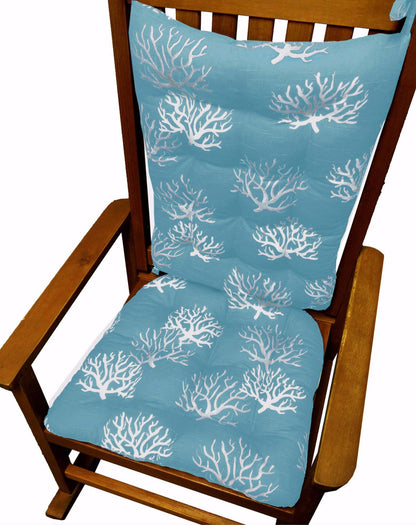 Coastal Coral Aqua Rocking Chair Cushions - Latex Foam Fill - Made in USA