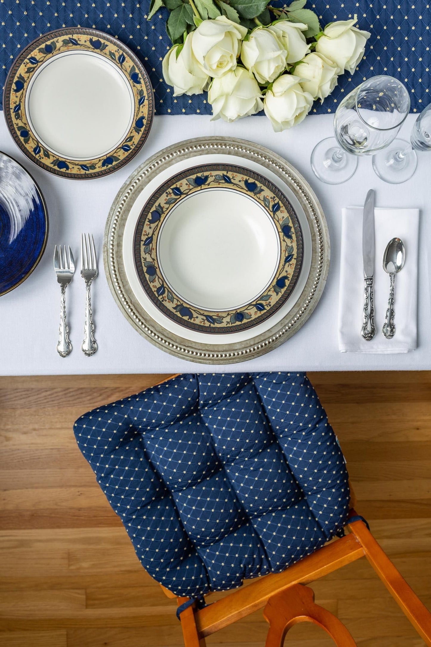 Tiffany Navy Blue Brocade Dining Chair Cushions - Barnett Home Decor - Blue