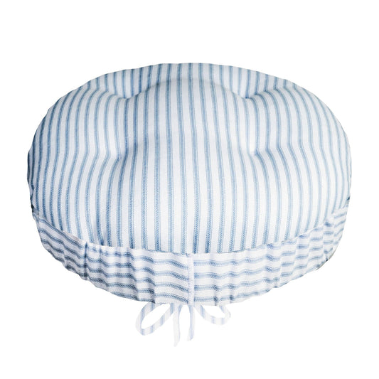 Berlin Ticking Striped Blue Bar Stool Cover with Adjustable Drawstring Yoke | Barnett Home Decor | Ticking Stripe | Blue & White