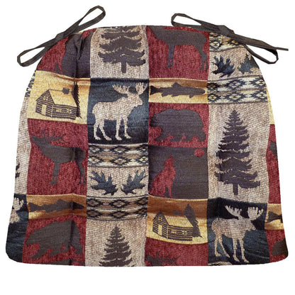 Woodlands Fairbanks Dining Chair Cushions | Barnett Home Decor | Red, Brown, Yellow, & Beige Animals - Nature - Wildlife - Bears - Moose - Deer - Rustic - Hunting - Fishing - Cabin
