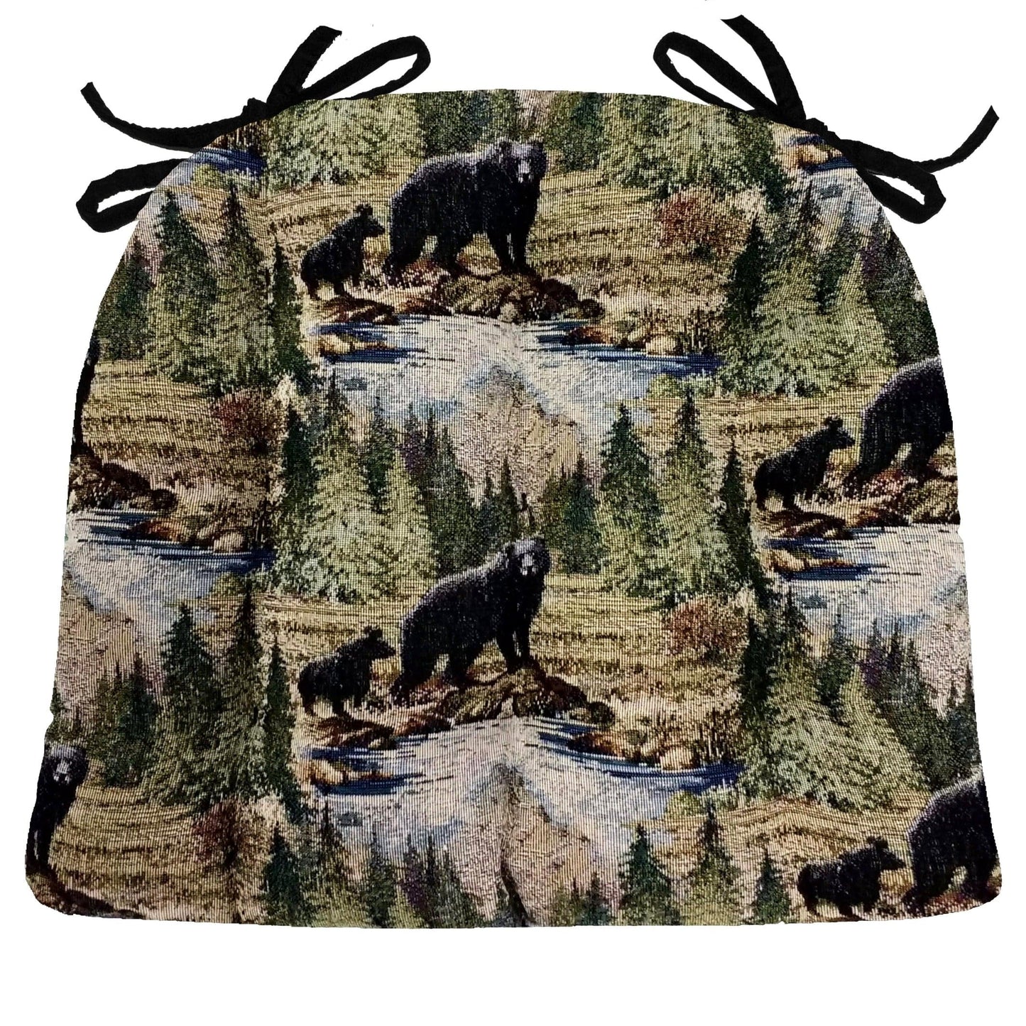 Wilderness Black Bears Dining Chair Cushions - Barnett Home Decor- Green, Brown, Blue, & Taupe - Nature - Woods - Wildlife - Bears - Rivers - Pines