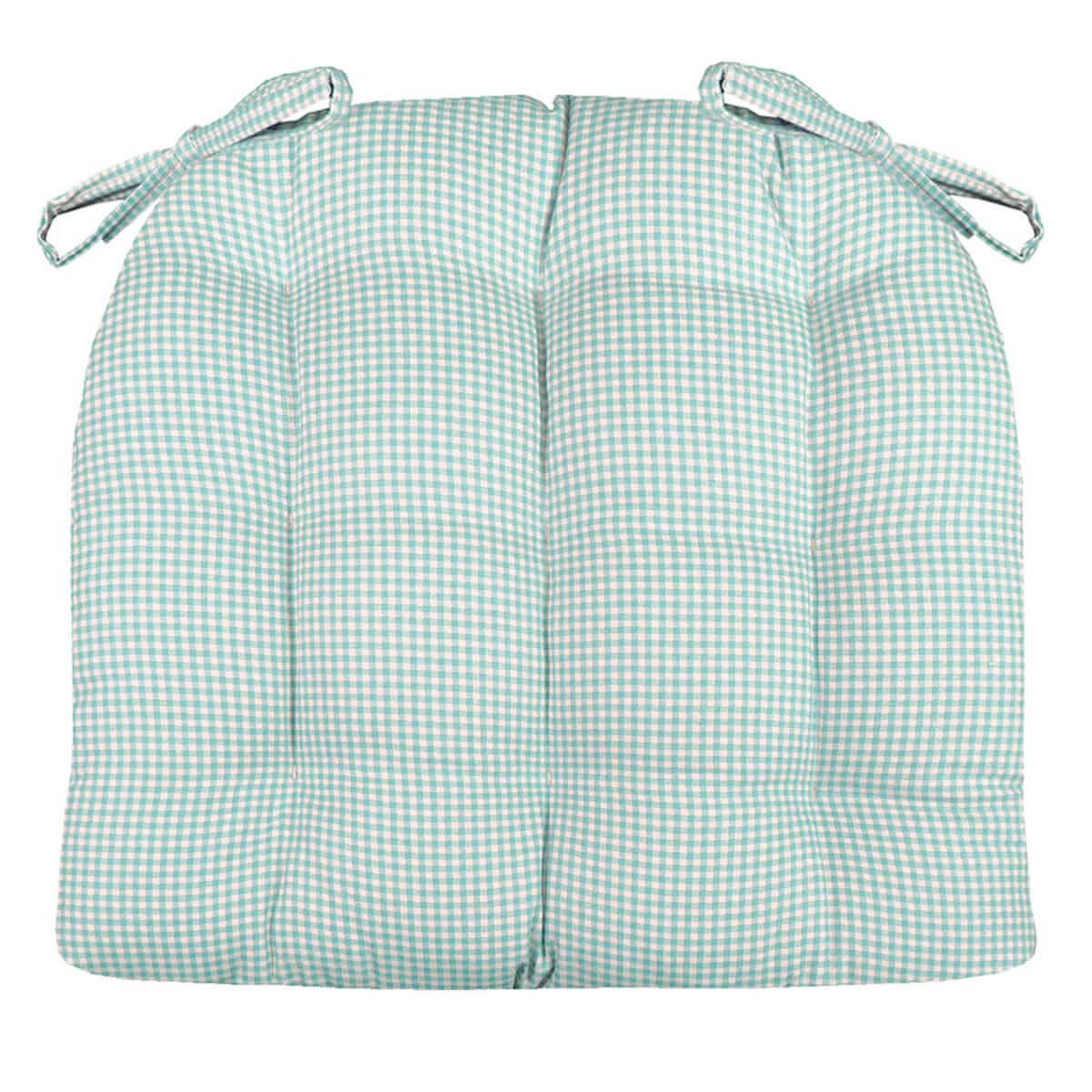 Madrid aqua gingham dining chair pad with latex foam fill and ties - reversible cotton cushion