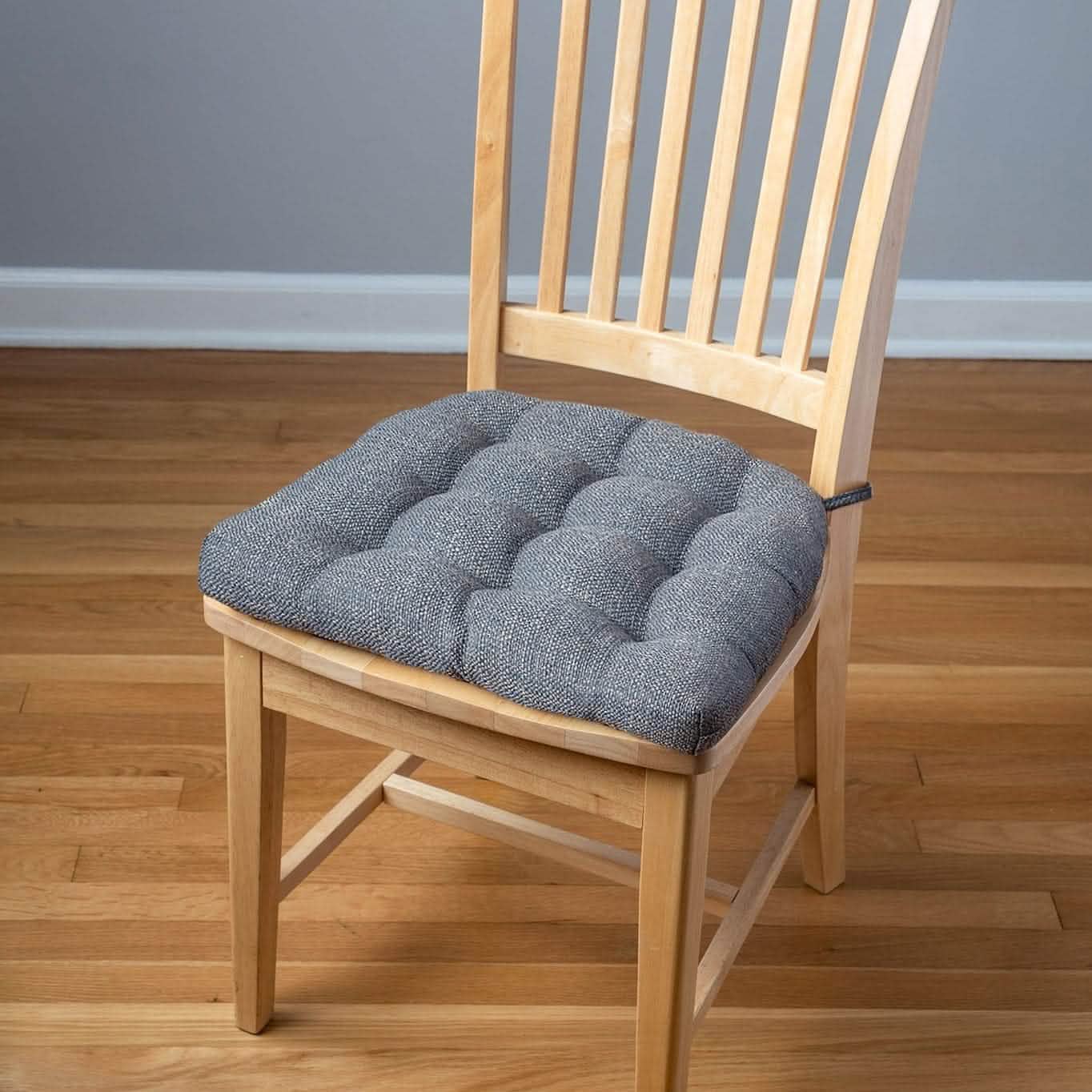 Federal blue tweed dining chair pad on wooden dining chair