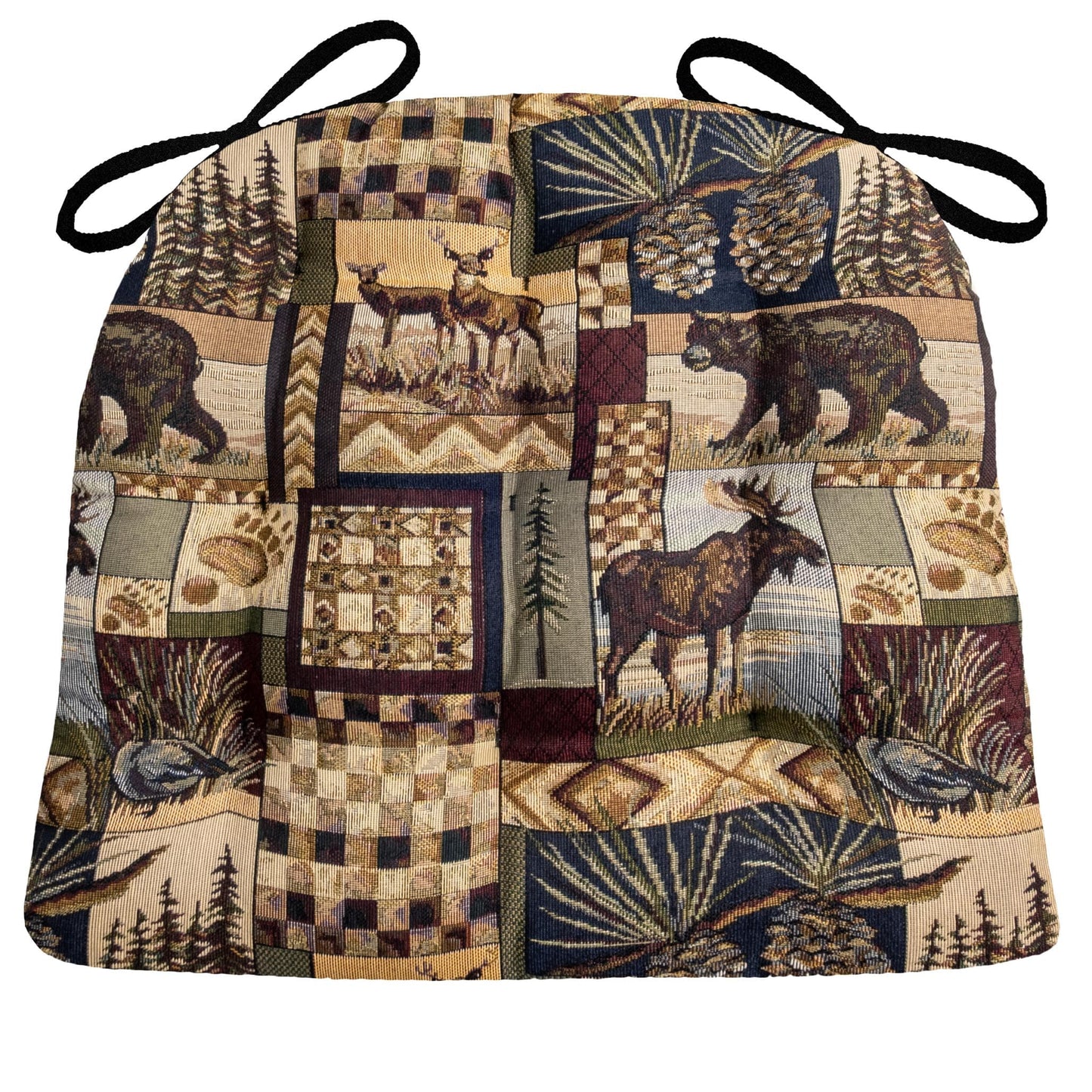 Woodlands Peters Cabin Dining Chair Pads - Barnett Home Decor - Taupe, Brown, & Black - Animals - Nature - Wildlife - Bears - Moose - Deer - Rustic - Hunting - Fishing - Cabin