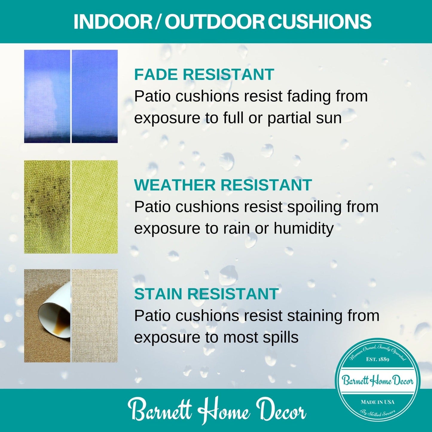 Indoor/Outdoor Cushions - Fade Resistant - Weather Resistant - Stain Resistant