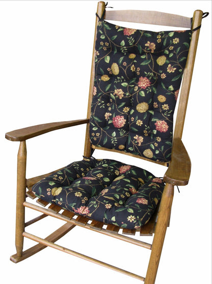 Black Floral Rocking Chair Cushion Set - Latex Foam Fill - Reversible
