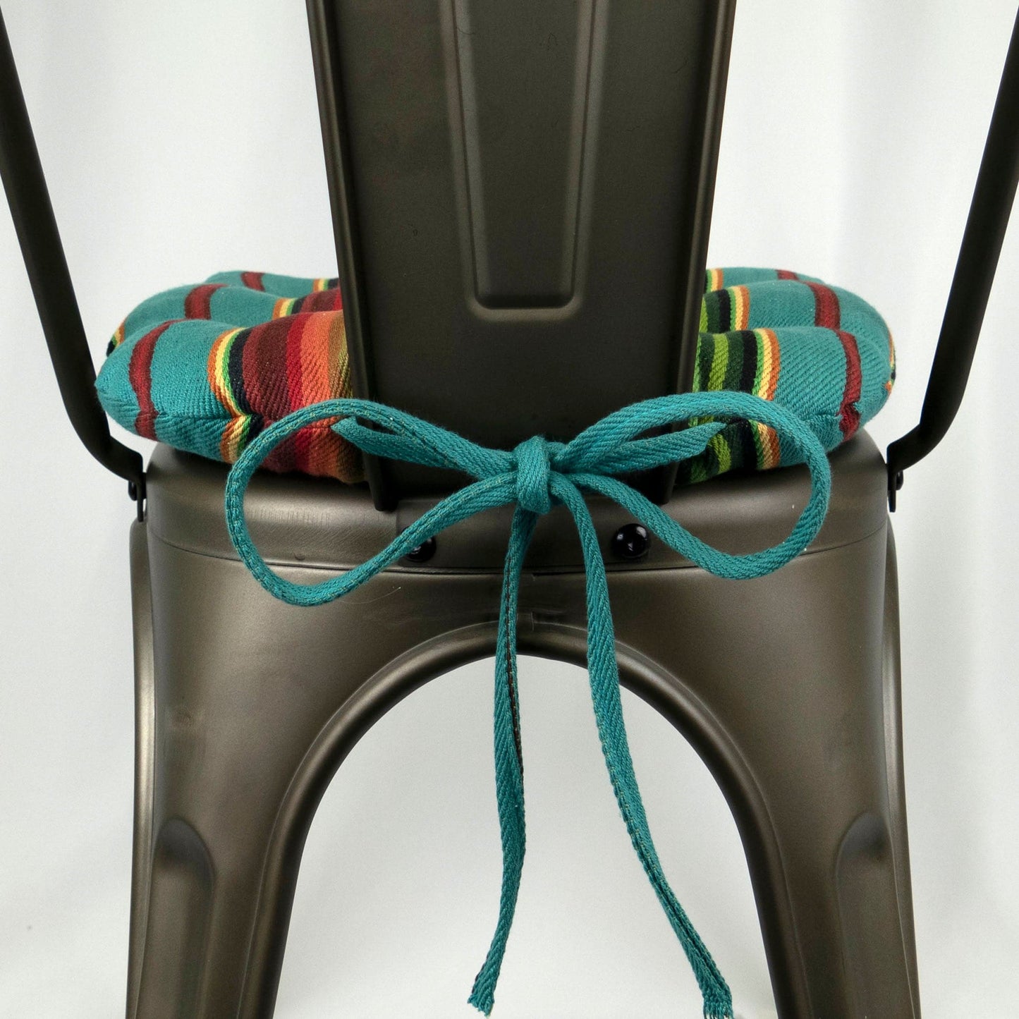 Santa Fe Serape Stripe Industrial Chair Cushion - Latex Foam Fill - Barnett Home Decor - Teal, Green, Red, Yellow, & Copper