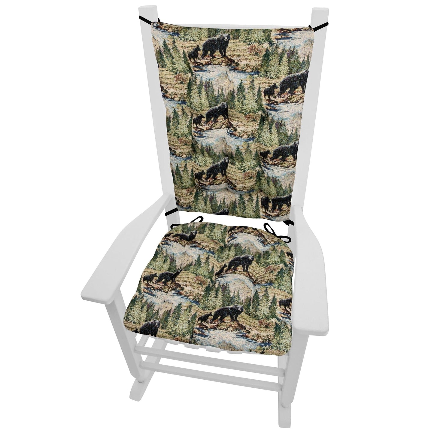 Wilderness Black Bears Rocking Chair Cushions - Barnett Home Decor- Green, Brown, Blue, & Taupe- Nature - Woods - Wildlife - Bears - Rivers - Pines