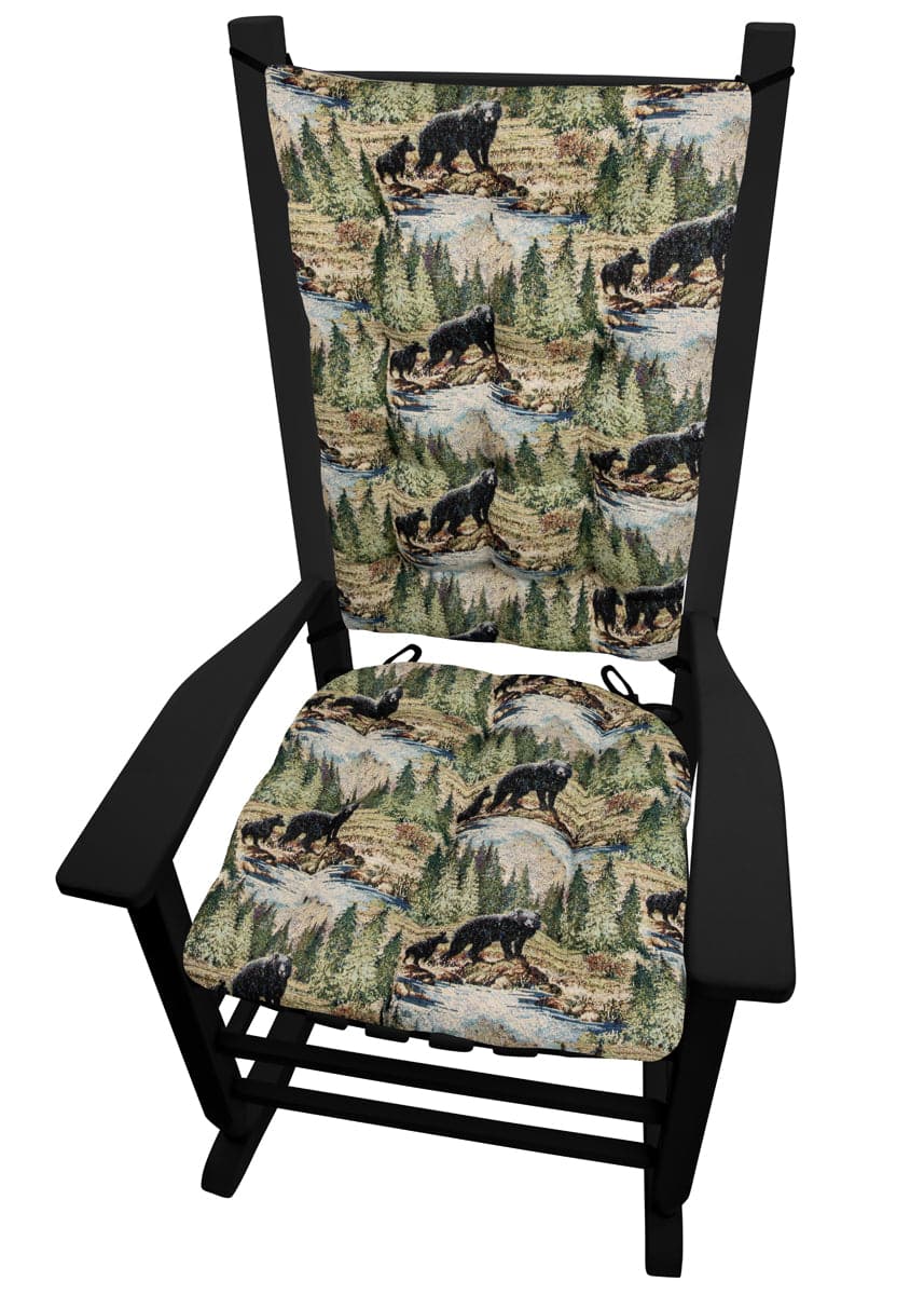 Wilderness Black Bears Rocking Chair Pads - Barnett Home Decor- Green, Brown, Blue, & Taupe - Nature - Woods - Wildlife - Bears - Rivers - Pines