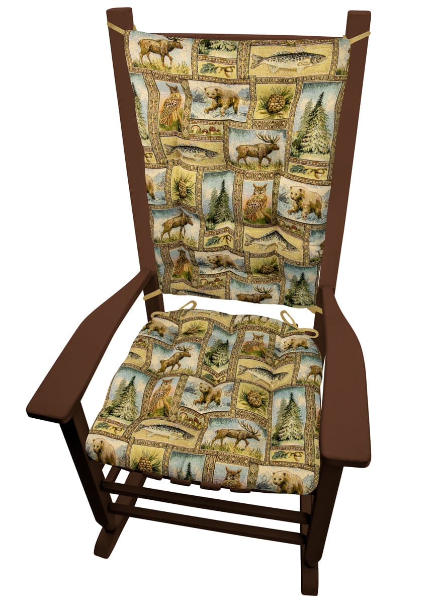 Wilderness Yuki Rocking Chair Cushions - Barnett Home Decor - Green, Blue, & Brown Wilderness - Animals - Nature - Wildlife - Bears - Moose - Deer - Rustic - Hunting - Fishing - Cabin