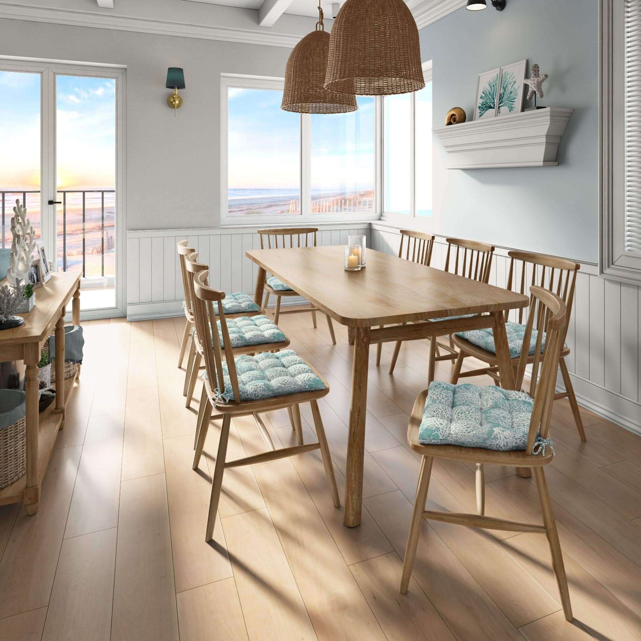 coastal dining chair cushions with coral pattern on aqua chair pad in beach house kitchen