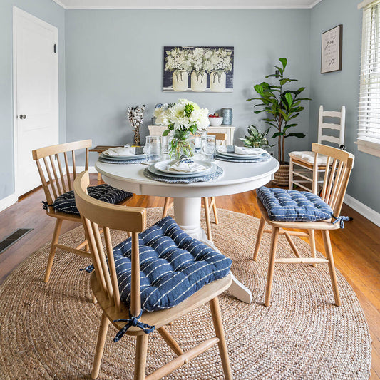 avante chair pads in navy blue and white stripes on windsor chairs in farmhouse dining room
