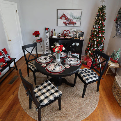 buffalo check dining chair pads in farmhouse dining room decorated for christmas with farm truck theme