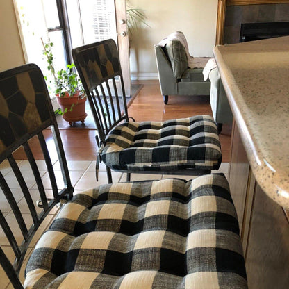 black and white Buffalo Check Dining Chair Pads with Ties on kitchen bar chairs