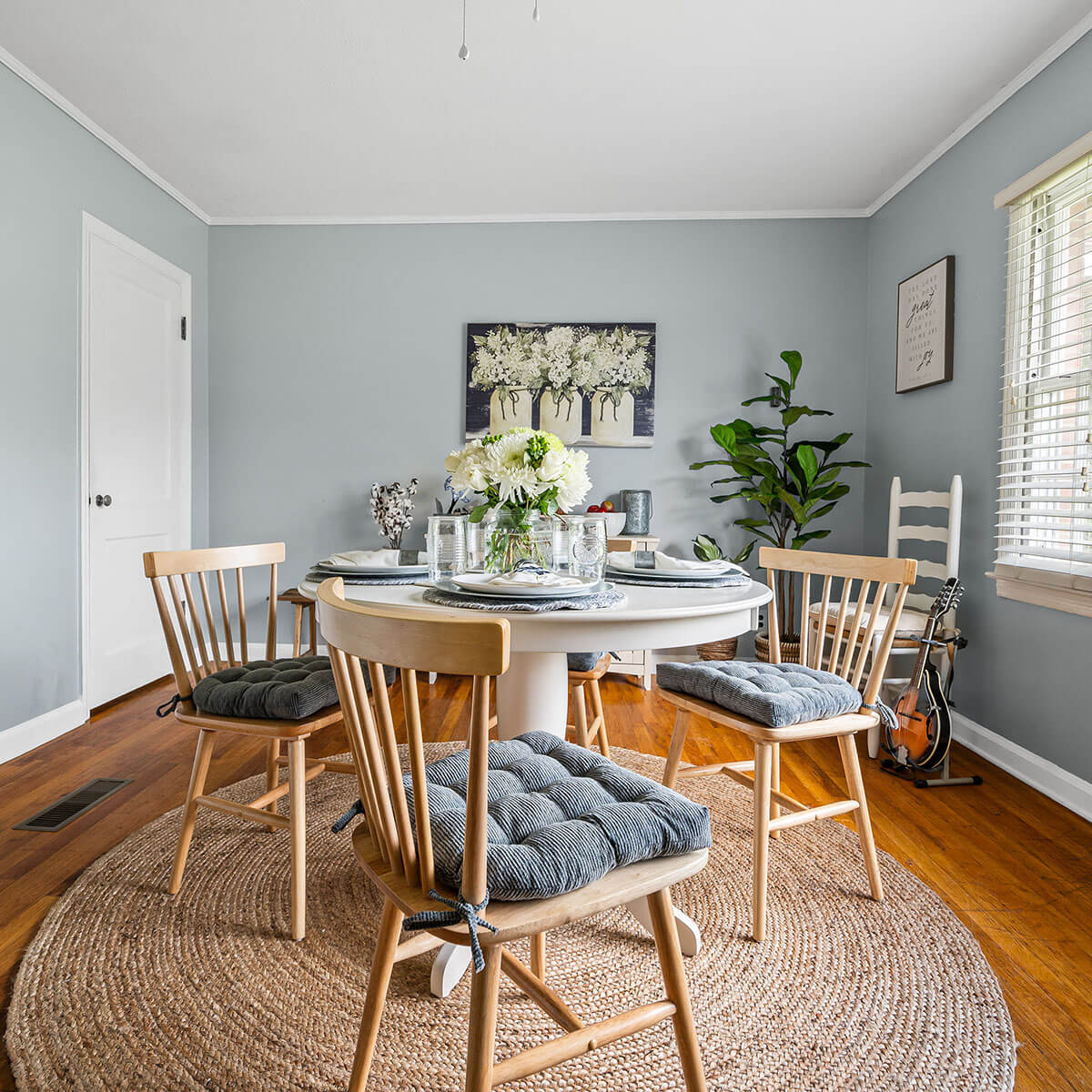 chenille dining chair pads on windsor chairs in farmhouse dining room