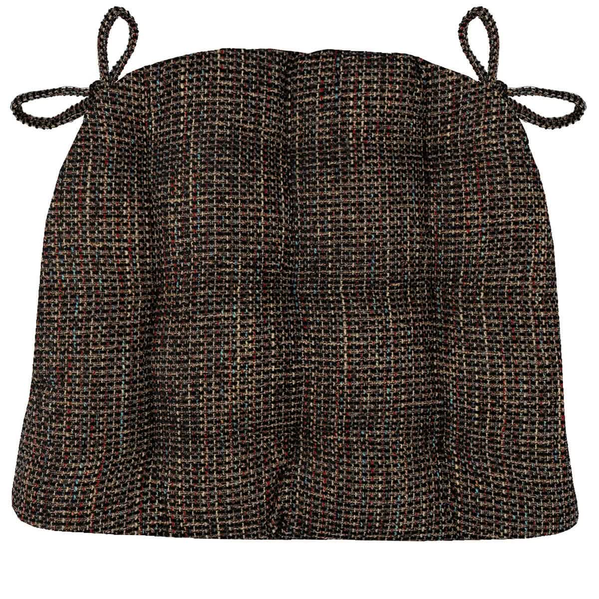 black and multi-colored woven textile used to create tufted dining chair cushion with upholstery cover