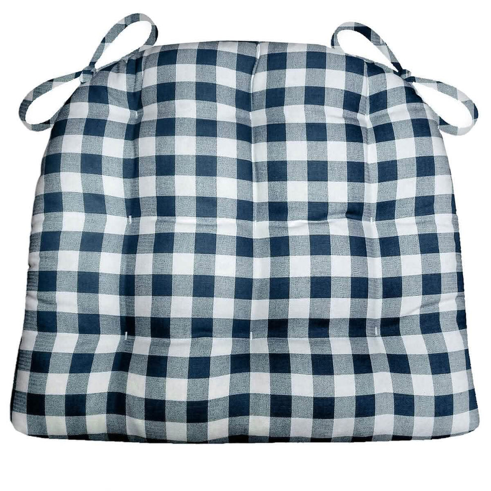 Classic Check Navy Blue Dining Chair Pads Latex Foam Fill, Reversibl