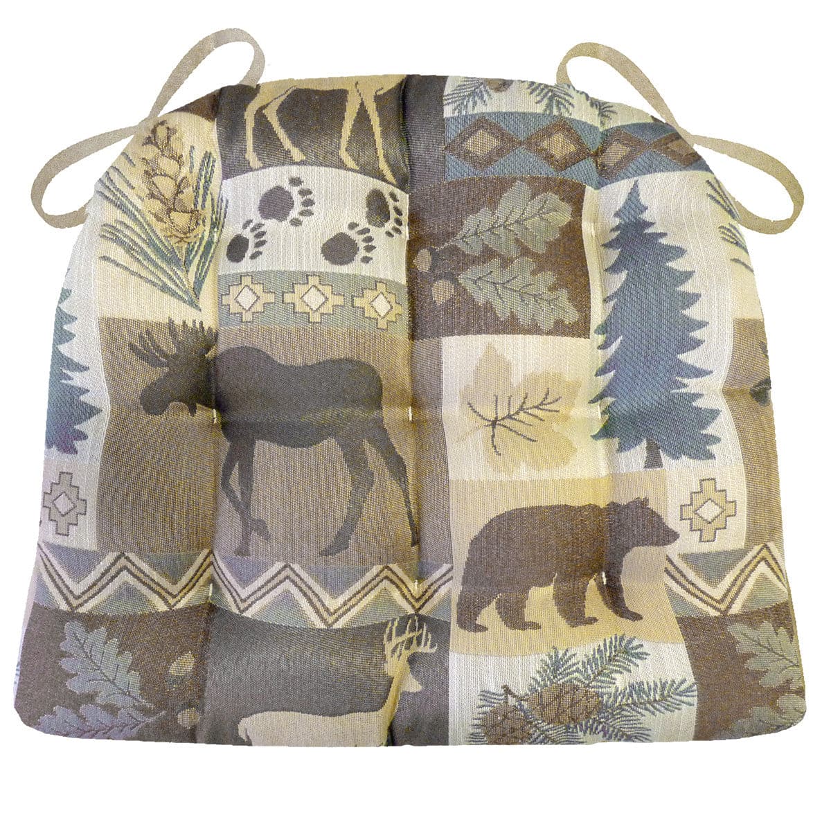 Wilderness Summit Lake Dining Chair Cushions - Barnett Home Decor - Brown, Taupe, Blue, & Beige - Animals - Nature - Wildlife - Bears - Moose - Deer - Rustic - Hunting